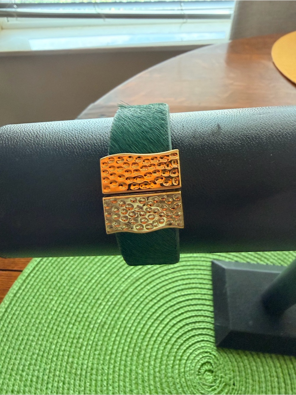 Rustic Cuff Green Haircalf Bracelet with Textured Gold Clasp